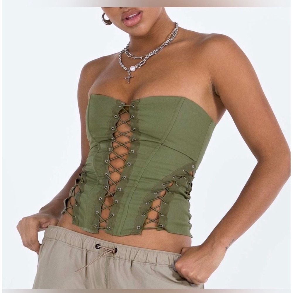 Princess Polly Olive Green Lace Up Corset Strapless Utility Top Size US 4 163017